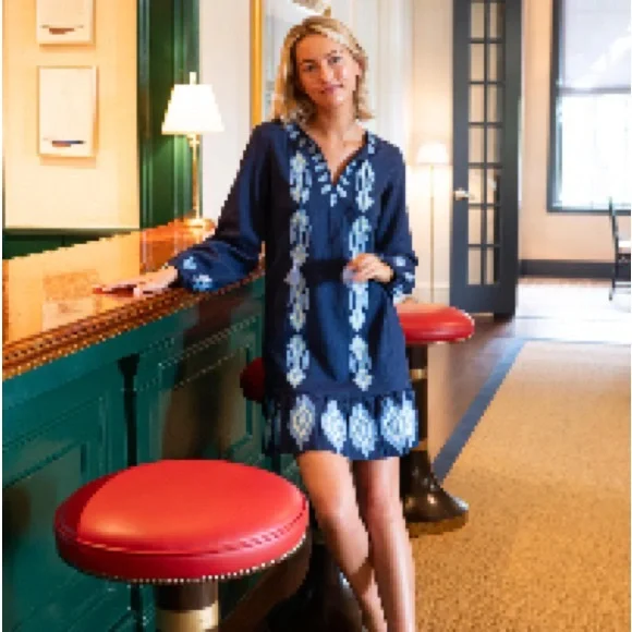 Sail to Sable Navy Ruffle Hem Dress with embroidery - Picture 1 of 5